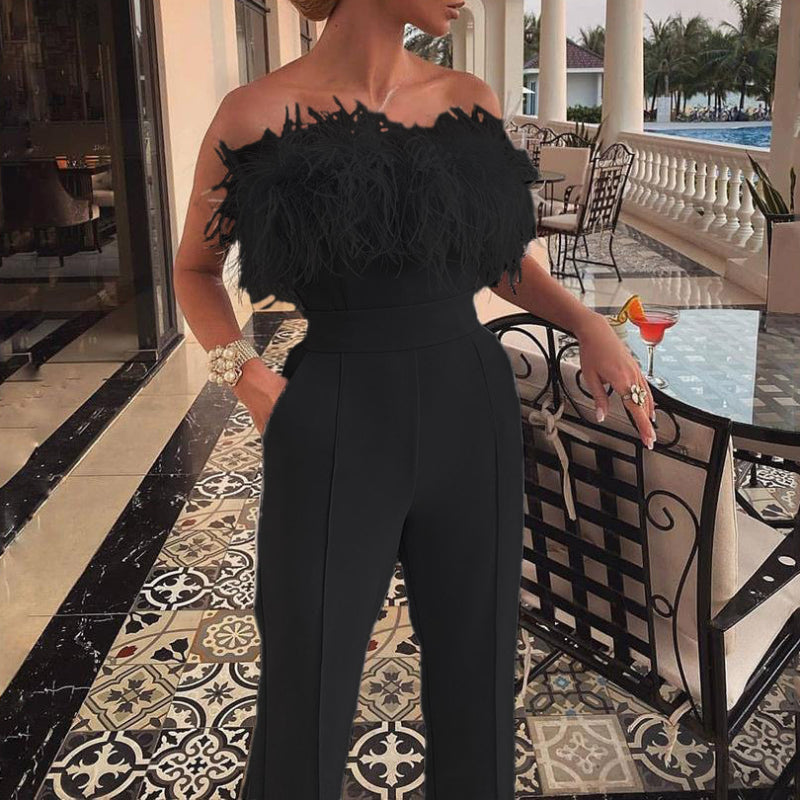 Feather Trim Strapless Backless Jumpsuit