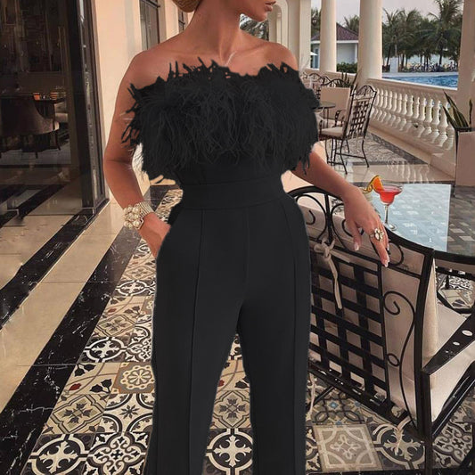 Feather Trim Strapless Backless Jumpsuit
