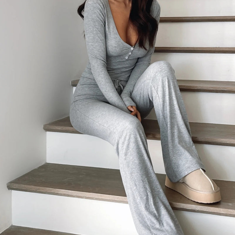 Long-Sleeve Button Bodycon Set