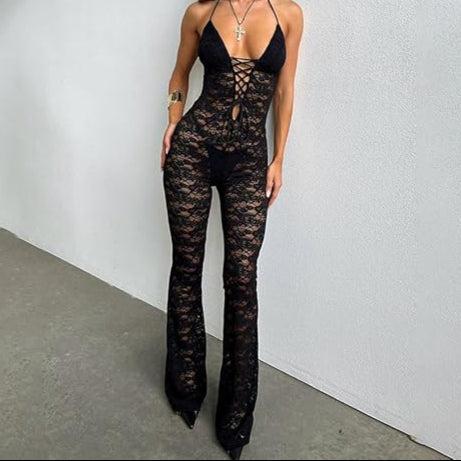 Lace Stretch See Through V Neck  Backlessoutfits