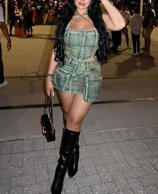 Y2K Denim Neckline Bodycon Skirt Set  with 3D Pocket