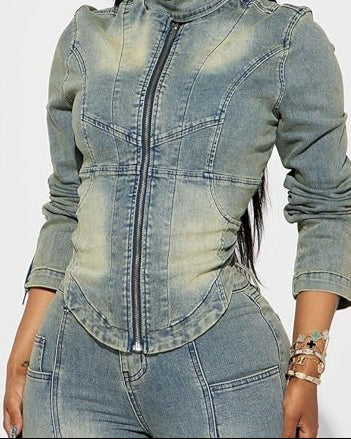 Denim Zip Up Cropped Jacket Bodycon