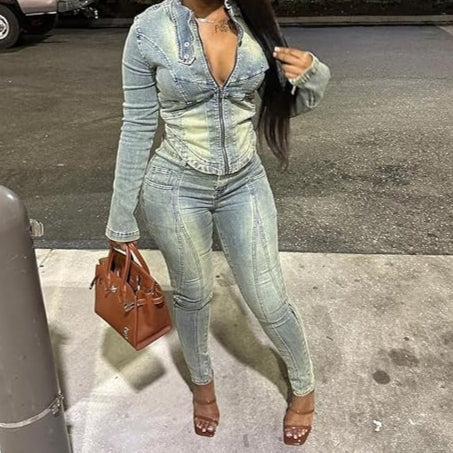 Denim Zip Up Cropped Jacket Bodycon