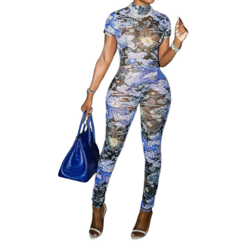 Fashionabl  mesh see through printed backless jumpsuit