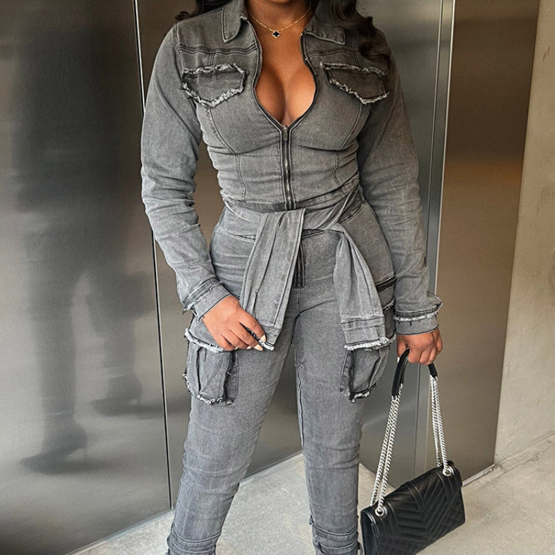 Stretch Slim-Fit Belted Jumpsuit