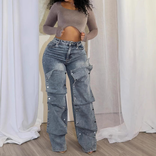 Stylish metal buckles loose jeans