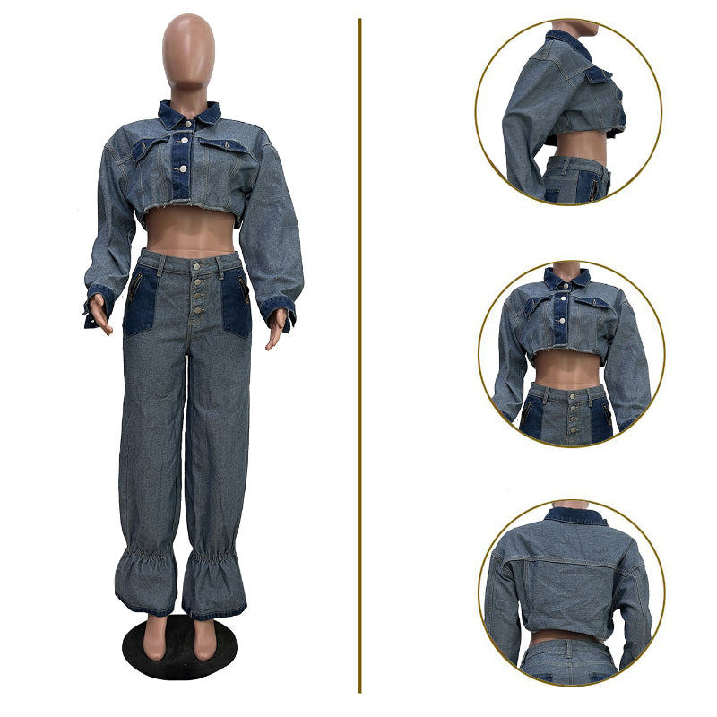 Casual Color-Block Denim Set