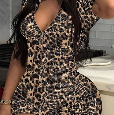 Leopard Print  Zip-Front Romper Jumpsuit