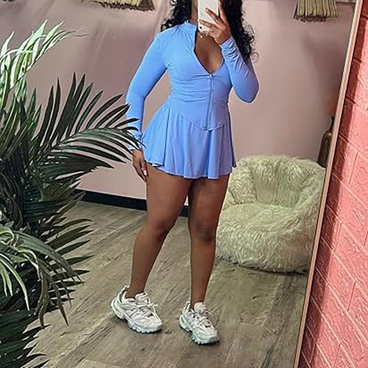Zipper Jacket Pleated Mini Dress Workout Outfits