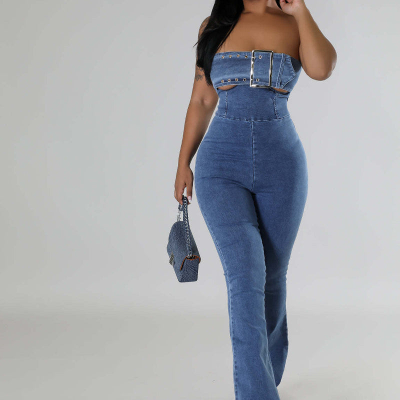 Bandeau backless drawstring denim jumpsuit