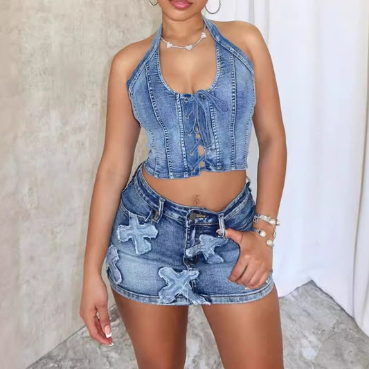 Cross stretch denim two-piece set