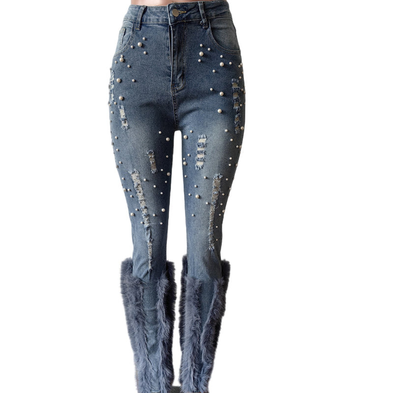 Pearl-Embellished Vintage Feather Jeans