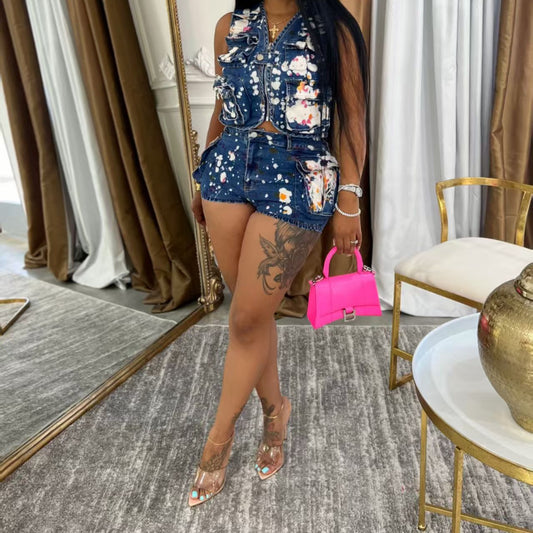 Multi-pocket horse clip stretch denim set