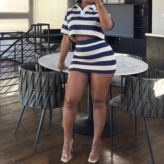 Striped Color-Blocking  Bodycon Mini Skirt Set