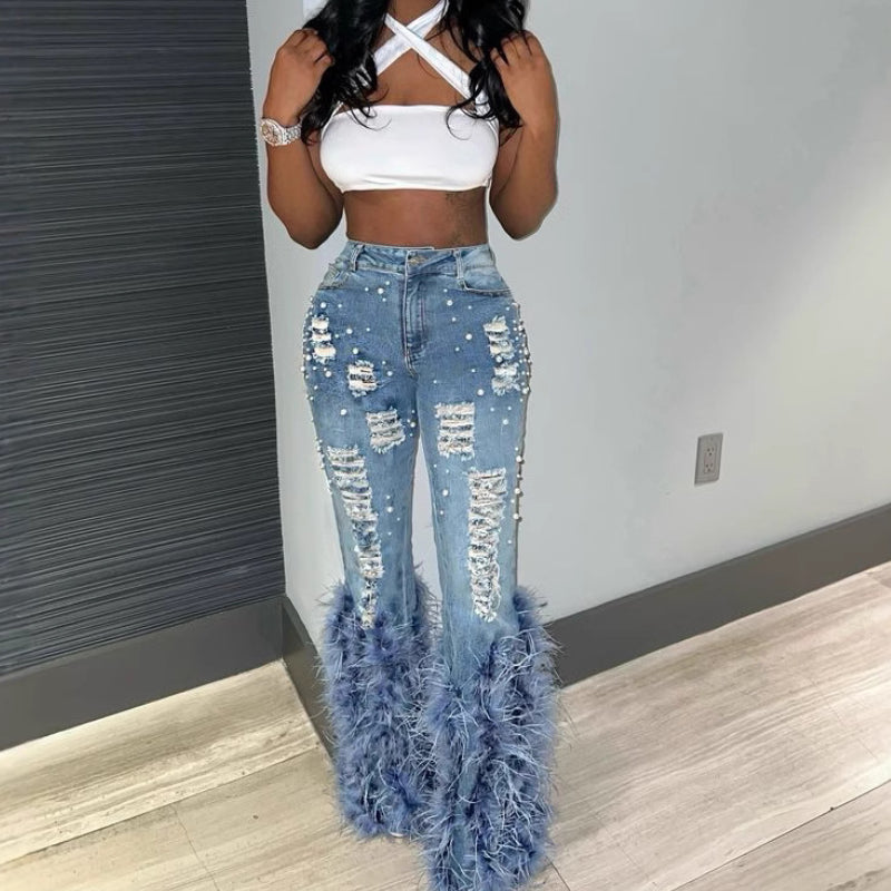 Pearl-Embellished Vintage Feather Jeans