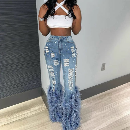 Pearl-Embellished Vintage Feather Jeans