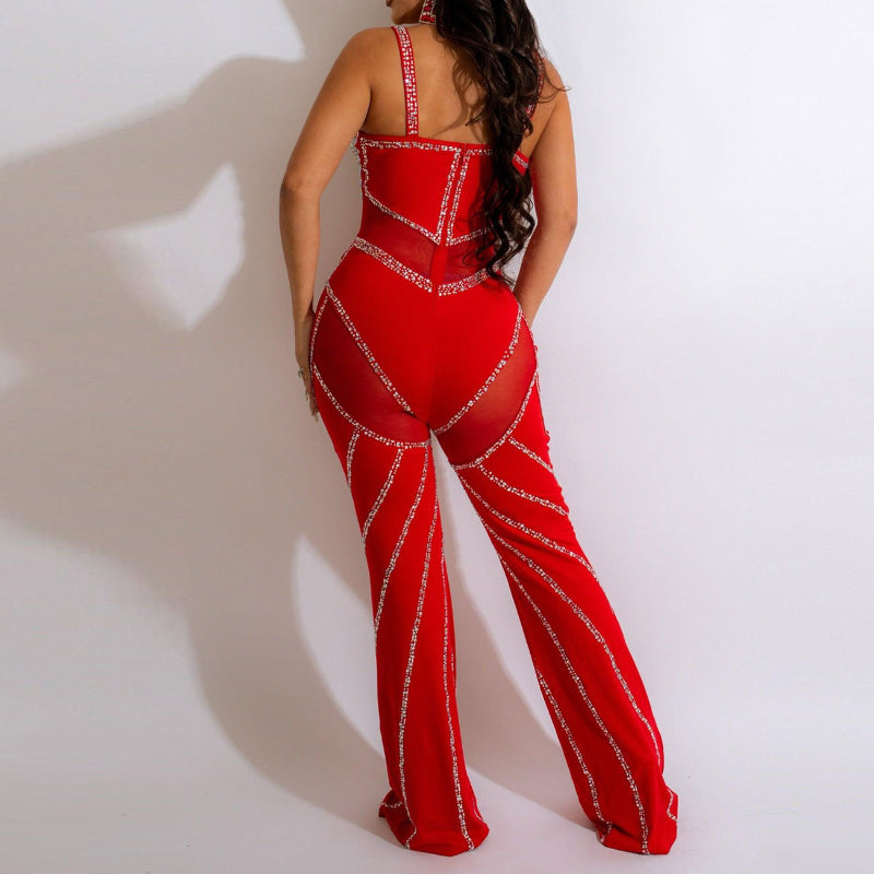 V-Neck Strapless Rhinestone Jumpsuit