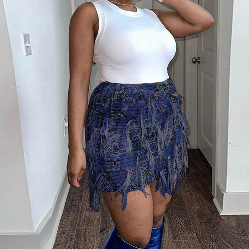 Personality striped tassel slim hip skirt