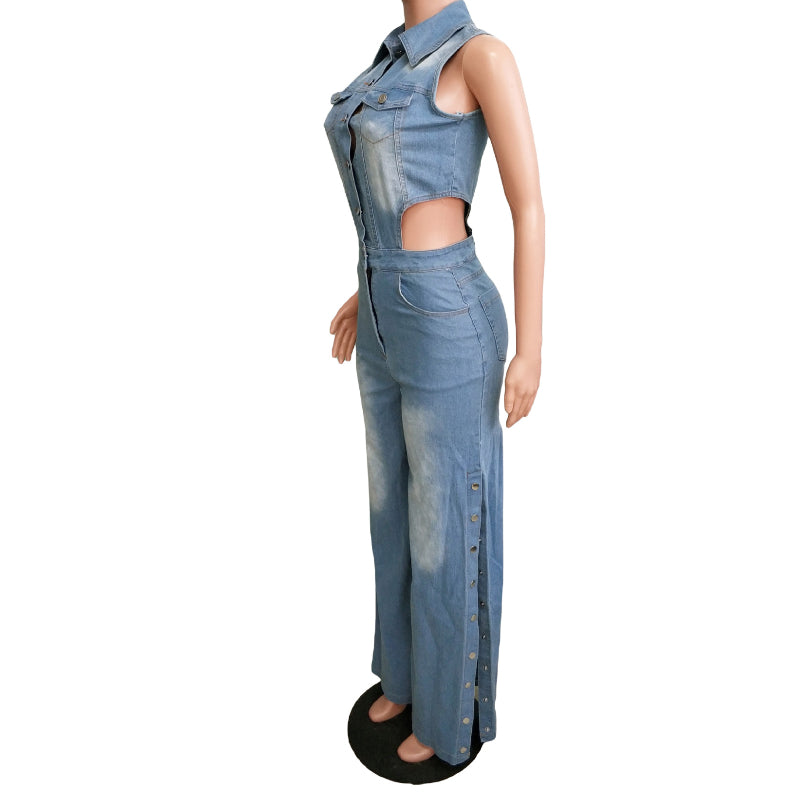 Washed denim loose straight jumpsuit
