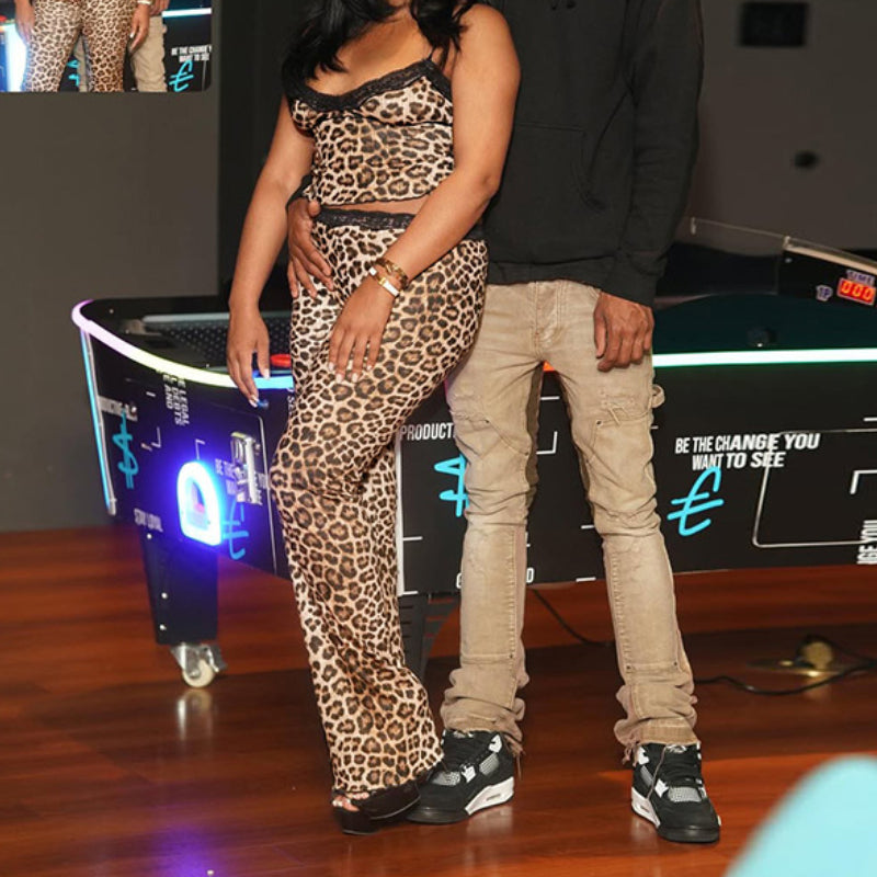 Lace patchwork low cut suspender pants set