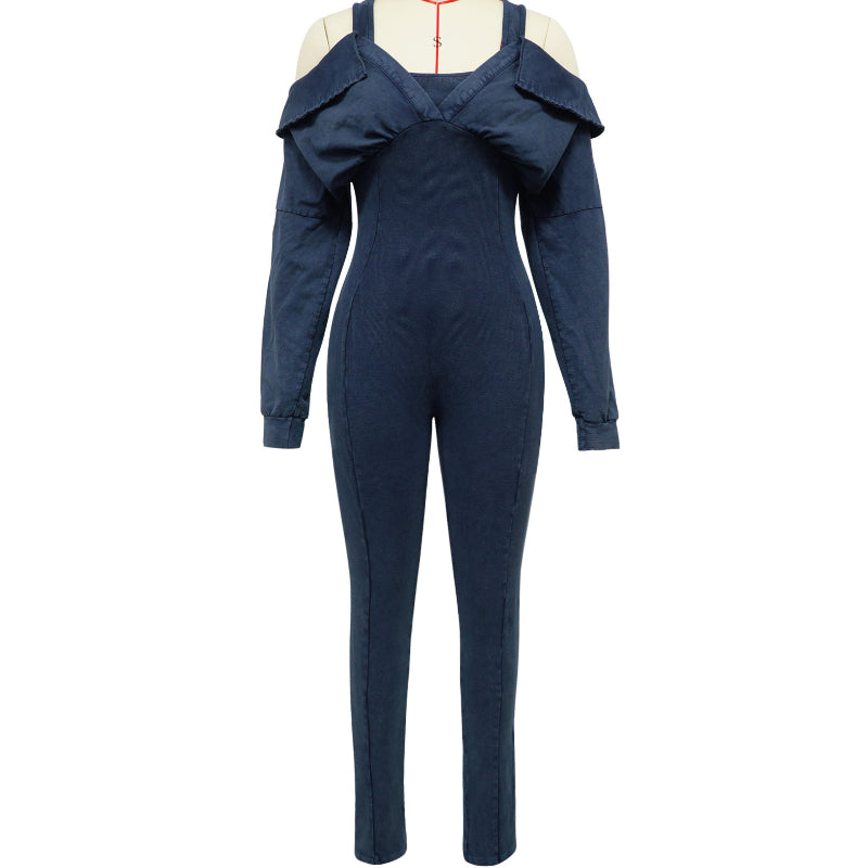 Distressed Off-Shoulder Bodycon Jumpsuit