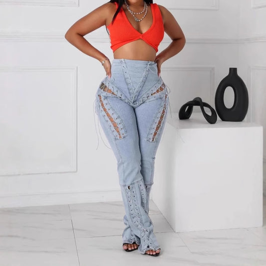 High-waisted  lace-up denim flare pants