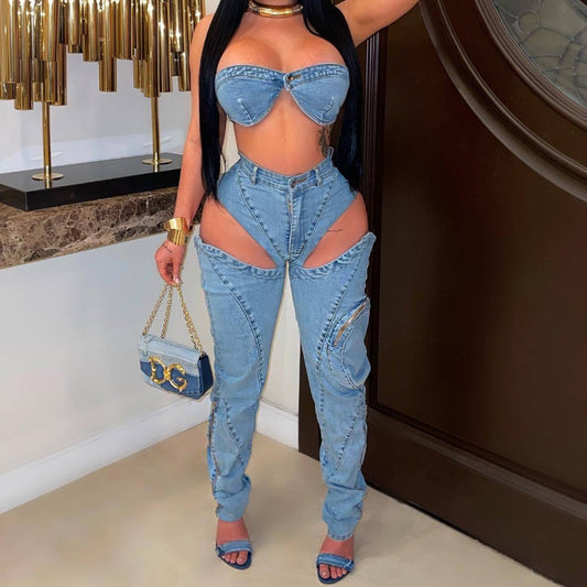 High-Slit Zipped 3D Pocket Bustier Set