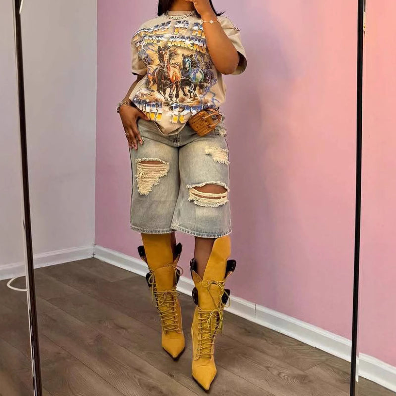 Vintage Washed Distressed Straight Wide-Leg Jeans