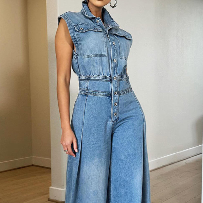 Washed sleeveless denim jumpsuit