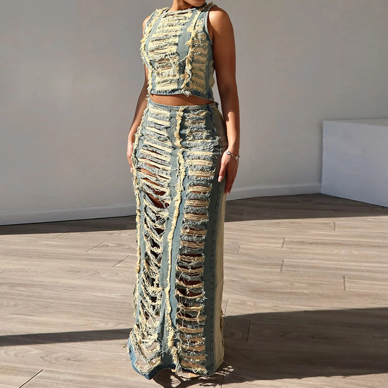 Ripped vest high-slit denim skirt set