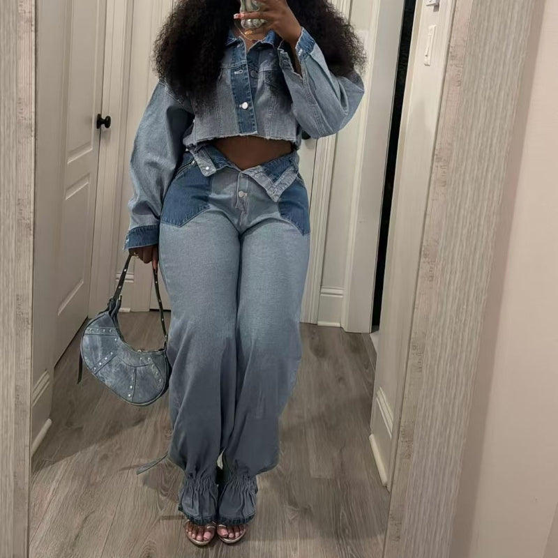 Casual Color-Block Denim Set