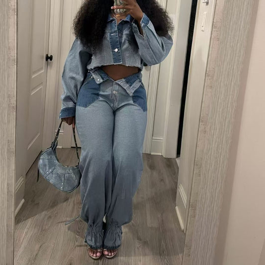 Casual Color-Block Denim Set
