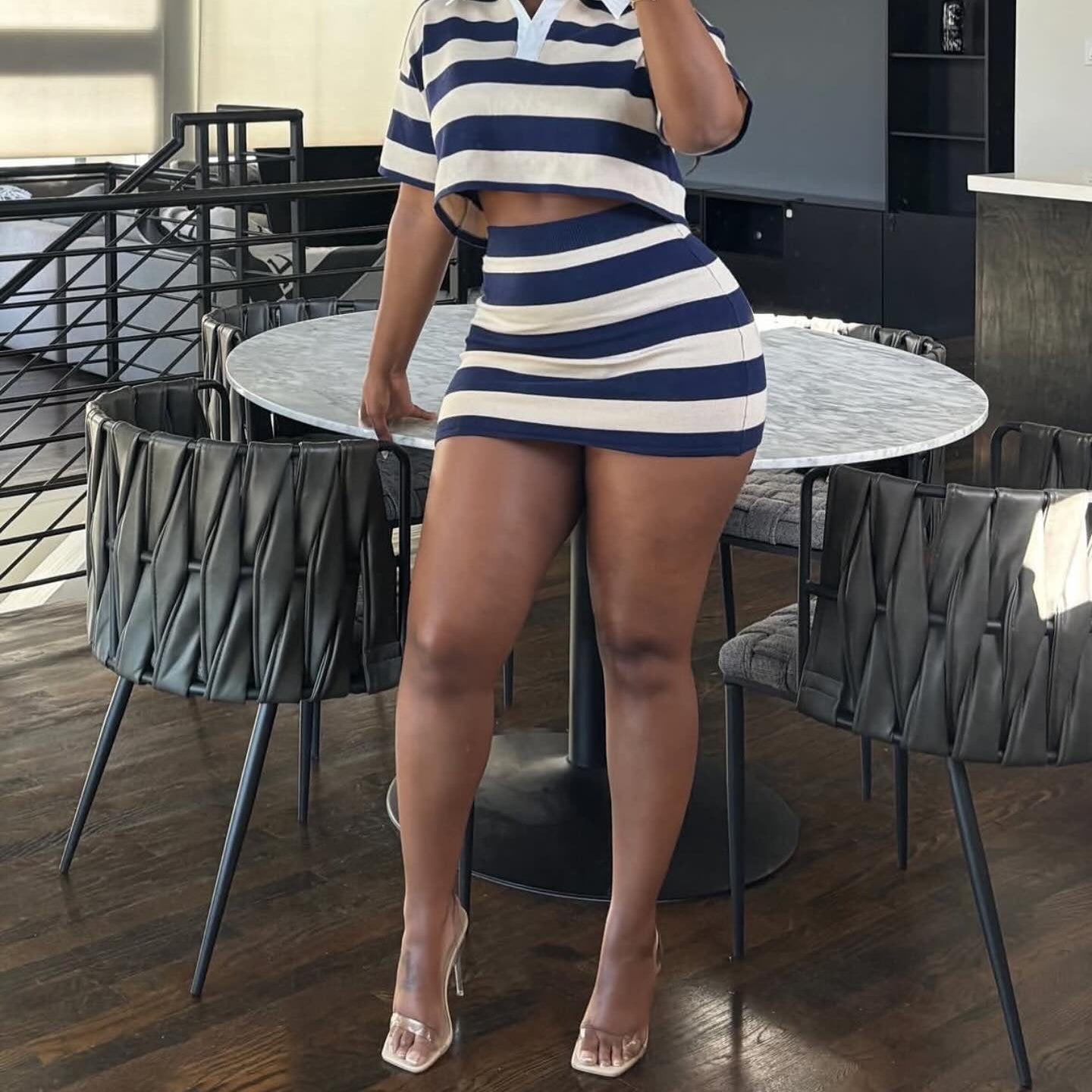 Striped Color-Blocking  Bodycon Mini Skirt Set