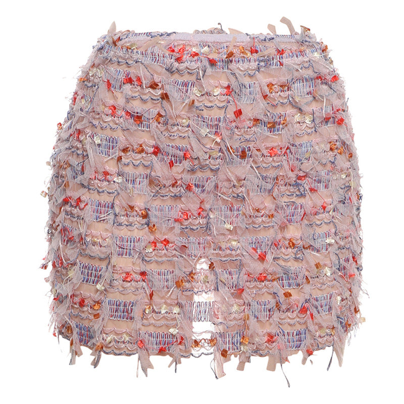 Personality striped tassel slim hip skirt