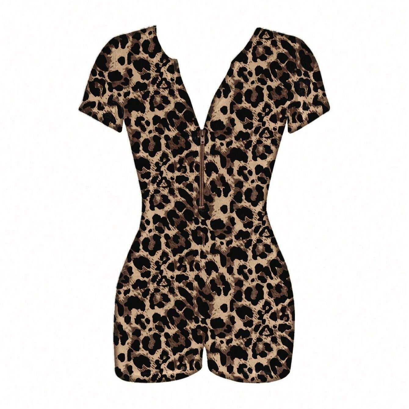 Leopard Print  Zip-Front Romper Jumpsuit