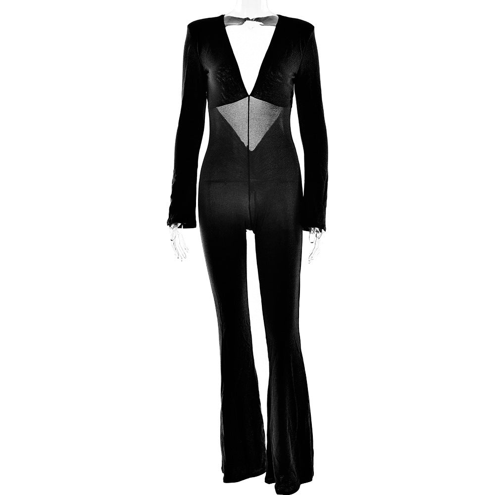 Deep V-Neck Fitted Flare Jumpsuit