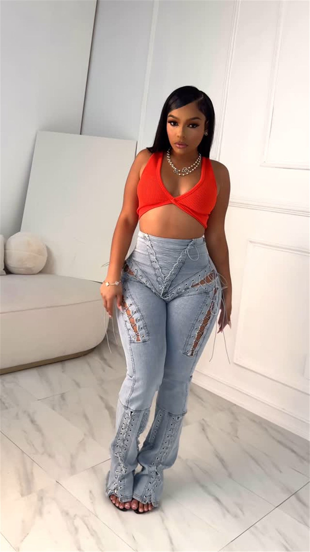 High-waisted  lace-up denim flare pants