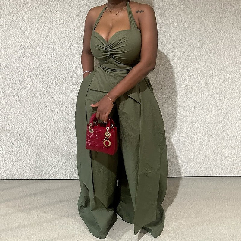 Sexy halter V-neck streamer jumpsuit trousers