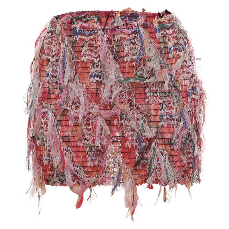 Personality striped tassel slim hip skirt