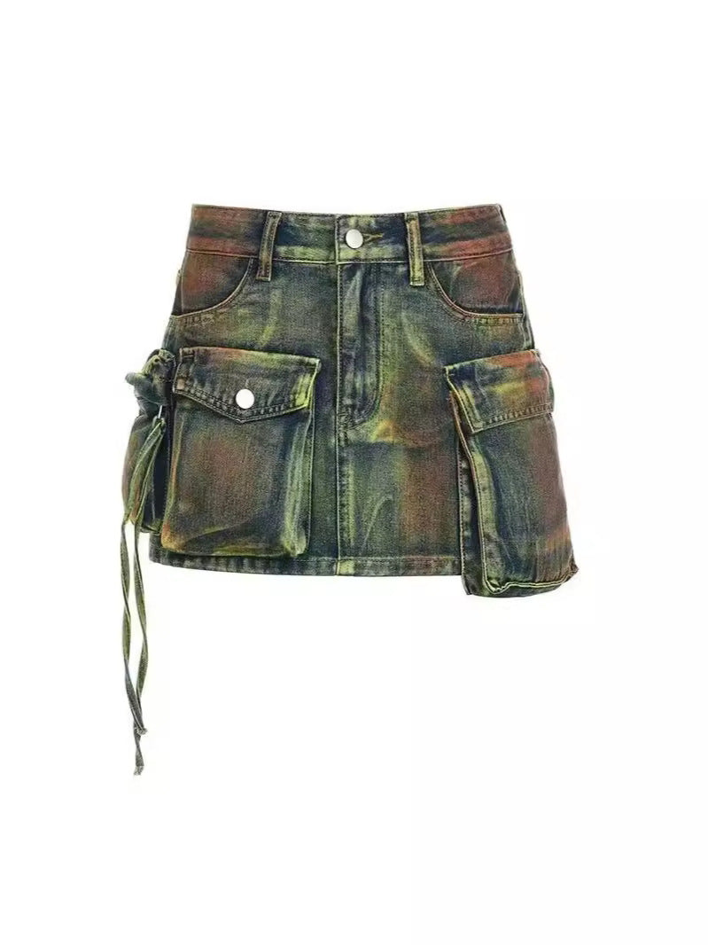 Y2K Denim Neckline Bodycon Skirt Set  with 3D Pocket