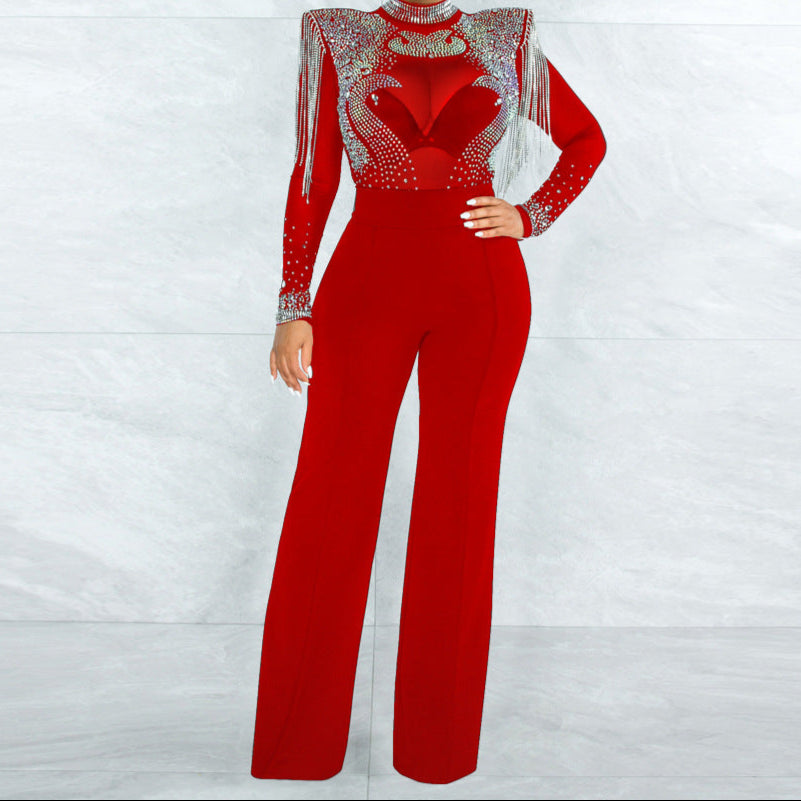 Sexy Elegant  Mesh See Through Rhinestone Jumpsuits