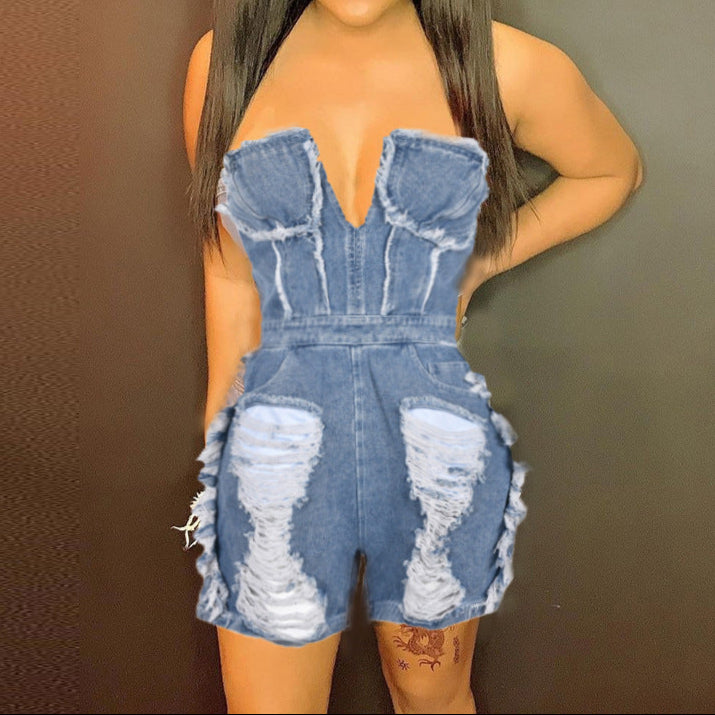 Sexy Zip Ripped Denim Jumpsuit