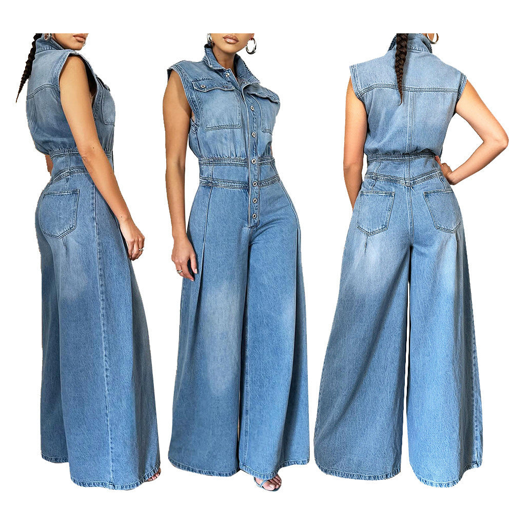 Washed sleeveless denim jumpsuit