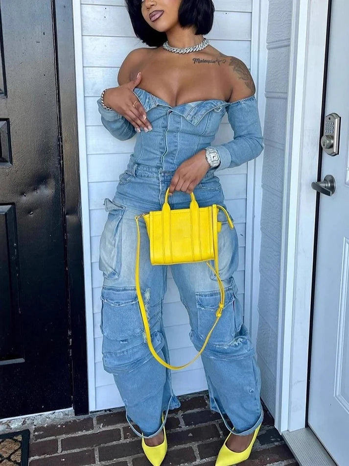 Off Shoulder Denim Jumpsuit