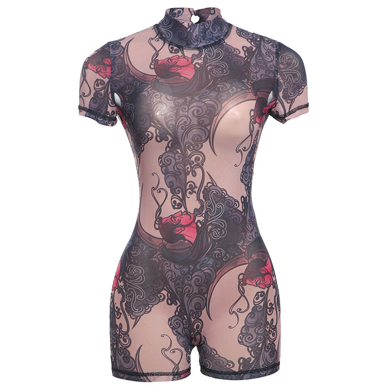 Mesh sexy hot girl high waisted backless jumpsuit