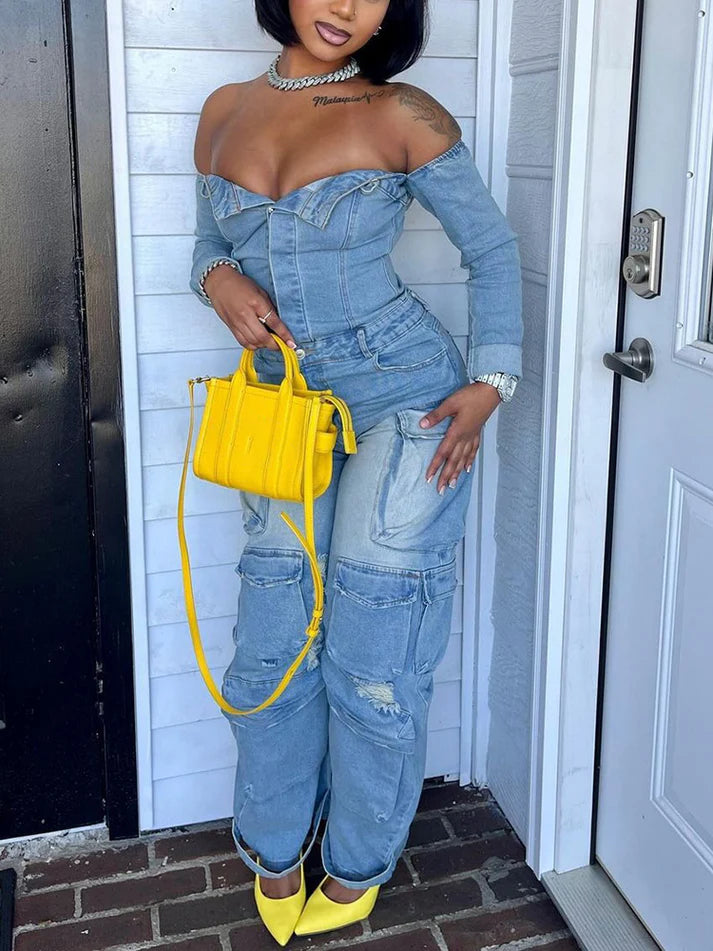 Off Shoulder Denim Jumpsuit