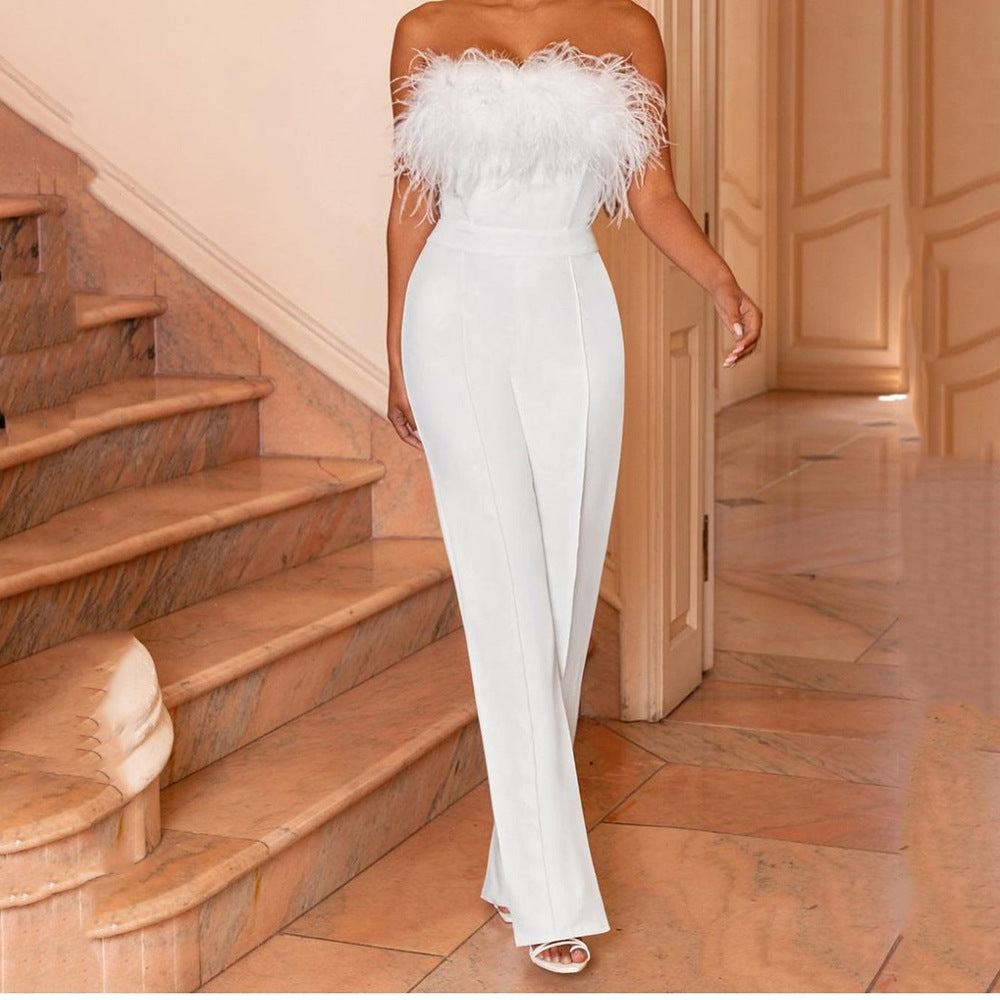 Feather Trim Strapless Backless Jumpsuit