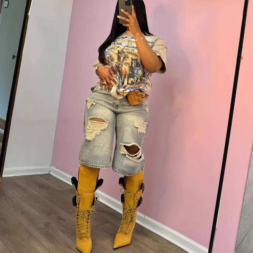 Vintage Washed Distressed Straight Wide-Leg Jeans