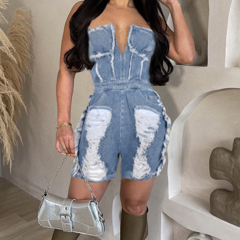 Sexy Zip Ripped Denim Jumpsuit