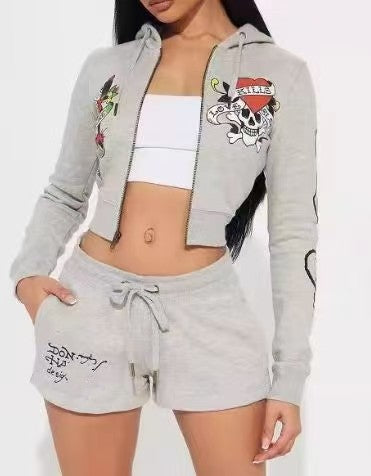 Exposed navel leopard print hoodie set